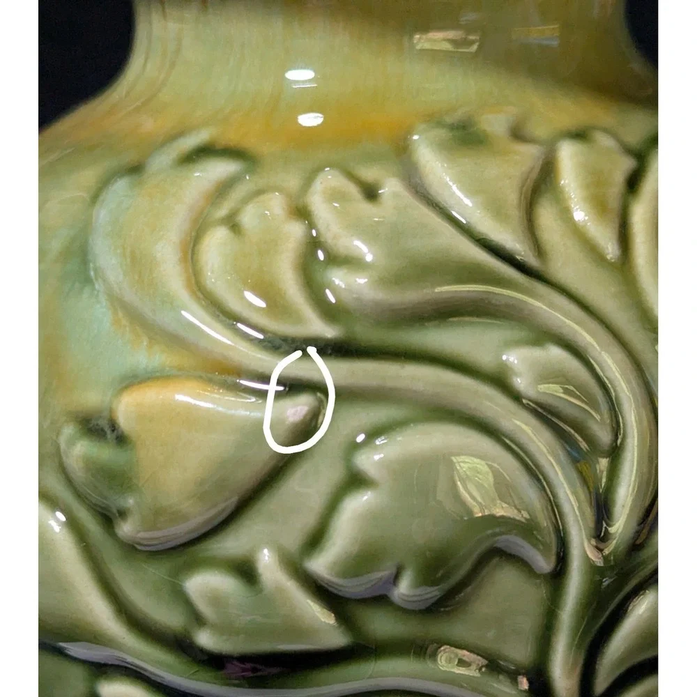 Vtg Haeger Baluster Vase Raised Acanthus Leaves Glossy Yellow & Green Drip Glaze